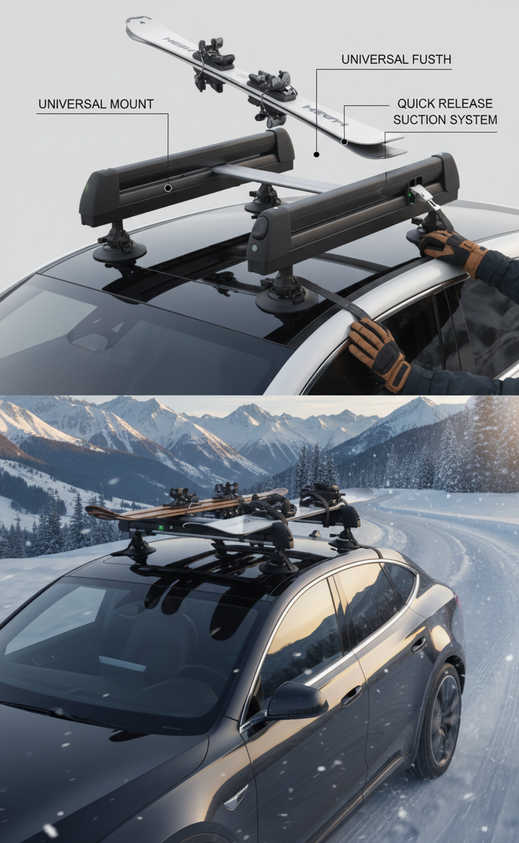 Suction Cup Car Roof Skiboard Holder